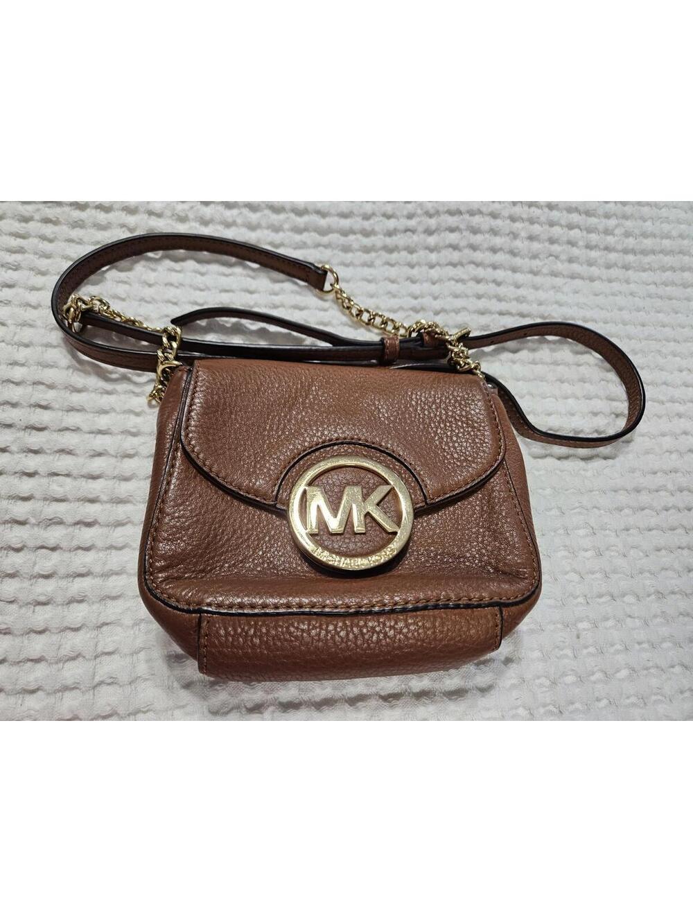 Michael Kors Fulton Crossbody Small Purse Brown Camel Gold Chain LOGO MK Handbag